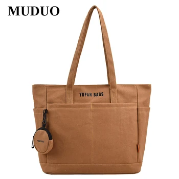 2023 MUDUO Простая школьная офисная повседневная сумка-тоут, толстая хлопчатобумажная холщовая сумка через плечо, Студенческая сумка для покупок большой емкости для женщин Изображение