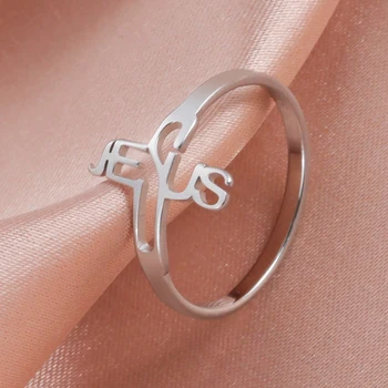 LIKGREAT Винтажное кольцо с буквой Иисуса из нержавеющей стали, Крест, Кольцо Христа для женщин, Мужская пара, Подарок религиозных украшений Изображение