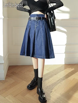 Loribindwood 2023 Корейская версия шикарной джинсовой юбки в стиле ретро с высокой талией, облегающая плиссированная юбка среднего фасона, юбка-зонтик трапециевидной формы Изображение