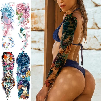 Бедро, нога, временная татуировка, наклейка, женское большое боди-арт, сексуальная татуировка для женщины, феникс, цветок лотоса, пион, карп, татуировка, наклейка, большая Изображение