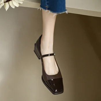 Женская обувь 2022, модные туфли-лодочки на среднем каблуке с квадратным носком, chaussure femme, из искусственной кожи, элегантные, пикантные, весенние, sapatos femininos, повседневные, tacone Изображение