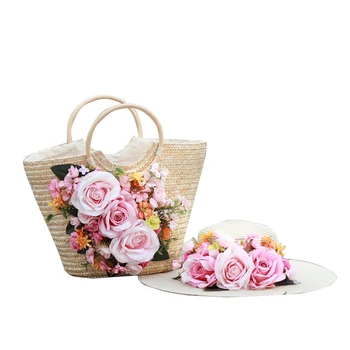 Женская пляжная сумка, 2 шт./компл., модная цветочная соломенная сумочка, женская сумка-тоут из ротанга большей емкости, праздничная повседневная плетеная сумка со шляпой Изображение