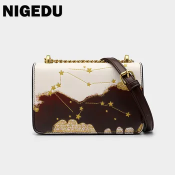 Женская сумка NIGEDU, маленькая модная сумка-мессенджер с вышивкой в виде звезды для девочек, женские сумки-мессенджеры из искусственной кожи, сумки для телефонов с клапаном, сумочка Изображение