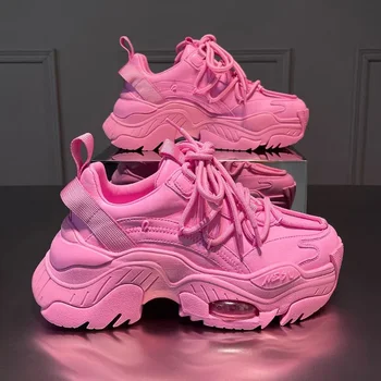 Модные Милые Розовые Массивные кроссовки, Женская спортивная обувь для девочек на толстой подошве, ярко-белая Модная Повседневная обувь для папы, Женская обувь Изображение