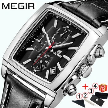 Мужские Часы 2019 люксовый бренд MEGIR Classic Деловые Черные Мужские наручные часы из Светящейся Кожи С Квадратным Хронографом Мужские Часы 2018 Изображение