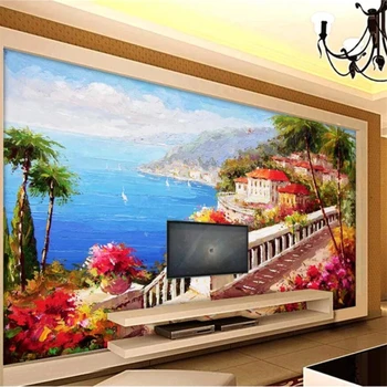 обои beibehang на заказ 3d стереофоническая фотообоя Средиземноморский пейзаж картина маслом в гостиной отеля обои для телевизора на заднем плане Изображение