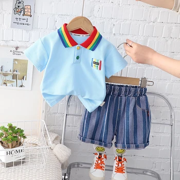 одежда для маленьких мальчиков 0-6 лет, рубашка-поло для маленьких девочек с коротким рукавом + шорты в полоску премиум-класса, комплекты детской одежды для малышей Изображение