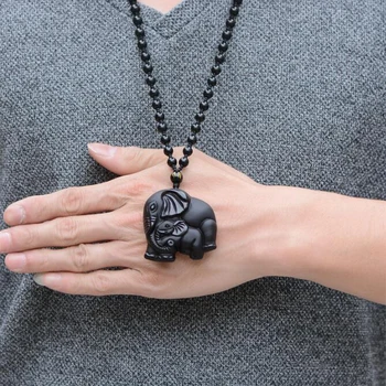 Ожерелье с резным слоном из натурального обсидиана для женщин и мужчин, подвески 