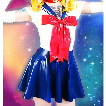 100% Латексная резина Gummi, женское милое платье-костюм, красная отделка, основные цвета, белый и синий, размер для косплея S-XXL 0,4 мм Изображение
