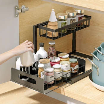 2-х уровневый органайзер для хранения под раковиной Ванная Кухня Выдвижной ящик для хранения под раковиной Органайзеры для кухонных принадлежностей Изображение