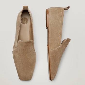 2023, Весна-осень, женские лоферы из натуральной кожи, замшевые туфли на плоской подошве в стиле ретро, женские повседневные женские туфли-слипоны с квадратным носком. Изображение