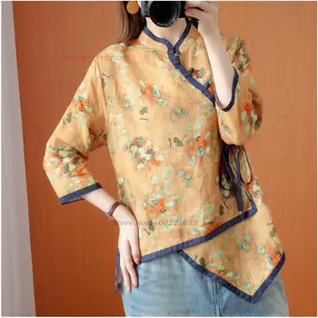 2023 китайская винтажная блузка ципао танский костюм хлопчатобумажные льняные топы с национальным цветочным принтом свободная блузка восточная этническая блузка ханфу Изображение