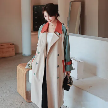 2023, Корейский весенне-осенний модный тренч в стиле пэчворк контрастного цвета, женский тренч средней длины с поясом, Уличная одежда, Женская мода Изображение