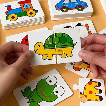 32 шт., карточная игра для малышей Монтессори, головоломка для раннего развития, мультяшные игрушки-пазлы, Цвет, форма, подарок для когнитивного обучения Изображение