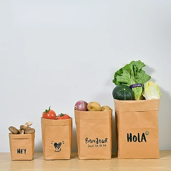 4 шт. / компл. Моющийся Крафт-бумажный пакет, Органайзер для кухонного холодильника, Утолщенная Многоразовая Складная Сумка для хранения продуктов питания, косметических инструментов. Изображение