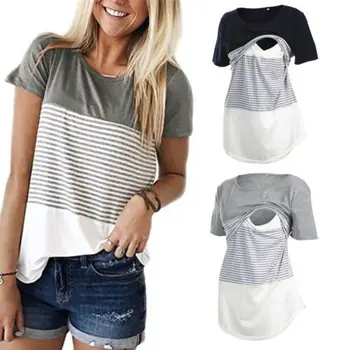 Citgeett Летняя новая женская футболка для беременных и кормящих, топы для кормления, полосатая футболка с коротким рукавом, одежда для беременных в стиле пэчворк Изображение