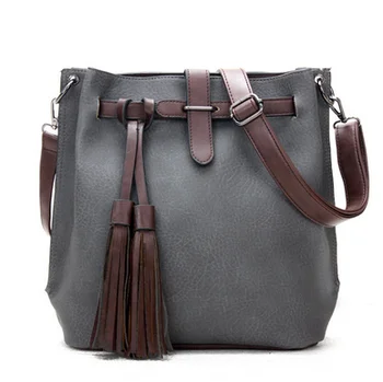dhl или EMS, 50 шт., женские сумки из искусственной кожи с кисточками, модные дизайнерские черные сумки-ведра, винтажные сумки через плечо, женская сумка-мессенджер Изображение