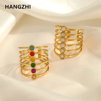 HangZhi Простая шестислойная линия, выдолбленная инкрустация, Красочный натуральный камень, Регулируемое кольцо из нержавеющей стали для женщин, модные ювелирные изделия, новинка Изображение