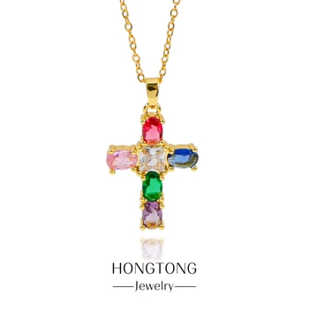 HONGTONG Красочное модное ожерелье с преувеличенным хрустальным кулоном, Женский крест, Амулет Веры в Иисуса, сувенир из нержавеющей стали Изображение
