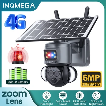 INQMEGA 3K 6MP 12-кратный Зум Wifi Камера на солнечной энергии Daul объектив 4G Солнечная Батарея Прожектор Сигнализация PTZ Камера PIR Обнаружение человека Изображение