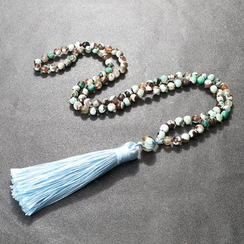 Japamala 108 Ожерелья из бисера Мужчины Bohe 6 мм Зеленые агаты Подвески Ожерелье с кисточками в виде четок для женщин Ювелирные изделия для йоги и медитации Изображение