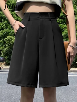 Jielur Летние однотонные простые женские шорты для костюма, Черные свободные офисные женские шорты с высокой талией, модная уличная одежда Изображение