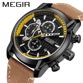 MEGIR Новые мужские часы, водонепроницаемый хронограф, военные армейские мужские часы, лучший бренд, Роскошные Кожаные Спортивные наручные часы для делового человека 2104 Изображение