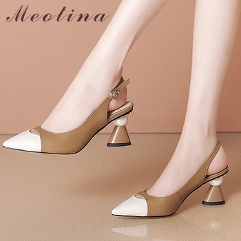 Meotina/ Женская обувь из натуральной кожи, босоножки, туфли-лодочки на высоком каблуке с пряжкой и острым носком, женская обувь весенне-коричневого цвета Изображение