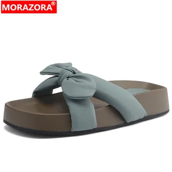 MORAZORA 2023, Новая женская повседневная обувь с узлом бабочки, тапочки на платформе из овчины, летние тапочки на плоской подошве Изображение