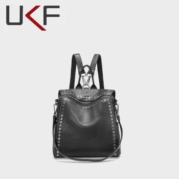 UKF Модный женский рюкзак из натуральной кожи, индивидуальный рюкзак с заклепками, женские противоугонные дорожные сумки для девочек-подростков Mochila Изображение