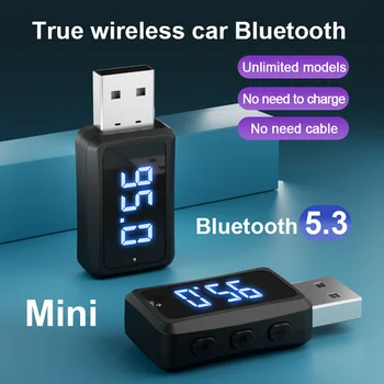 Автомобильный Bluetooth 5.3 Приемник-передатчик FM02 Mini USB со светодиодным дисплеем, автомобильный комплект громкой связи, автоматическое беспроводное аудио для fm-радио Изображение