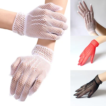 Ажурные перчатки с отверстиями, защищенные от ультрафиолета, перчатки для вождения, сетчатые вечерние перчатки для новобрачных, сплошной цвет, сексуальные прозрачные варежки Изображение