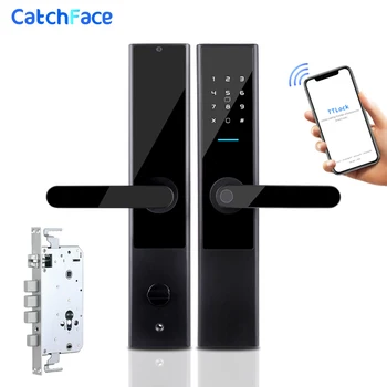 Биометрический дверной замок с отпечатками пальцев Бесключевой умный замок Цифровой WiFi приложение Bluetooth замок с отпечатками пальцев Электронный домашний врезной замок Изображение
