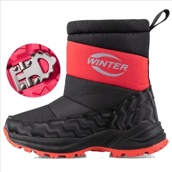 Ботинки для мальчиков и девочек, зимние детские зимние ботинки 2021 года, нескользящие водонепроницаемые ветрозащитные теплые ботинки, модная детская шерстяная обувь с ледяным когтем Изображение