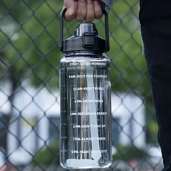 Бутылка для воды объемом 2000 мл с отметкой времени, спортивная бутылка для воды, герметичная, с откидной крышкой, прочная, большая емкость для кемпинга на открытом воздухе для девочек Изображение