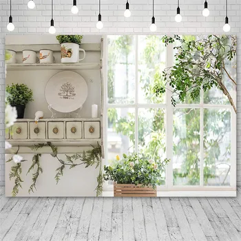 Весенняя фоновая фотография Avezano Зеленый лист Цветок Кухонное окно Интерьер Дома Фоновая фотография Украшение фотозоны Фотостудии Изображение