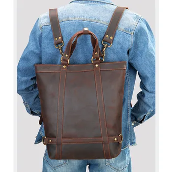 Винтажный мужской женский рюкзак, деловая сумка из натуральной кожи для мальчиков и девочек, дорожная сумка унисекс из воловьей кожи, противоугонные большие сумки для рук Изображение
