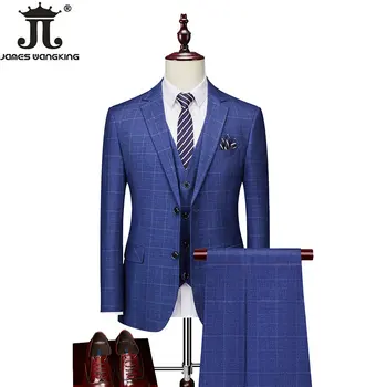 Высококачественный бренд, классический мужской повседневный деловой костюм в синюю или серую клетку, ретро-официальный костюм Жениха, свадебное платье, куртка, жилет, Брюки Изображение