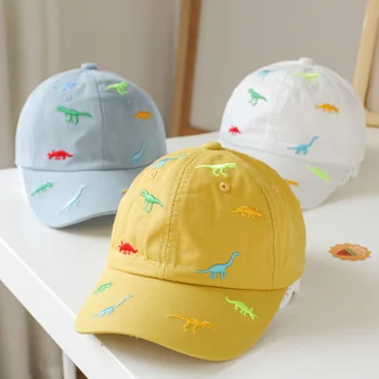 Детские бейсболки с мультяшным динозавром, мягкие хлопковые солнцезащитные кепки для маленьких мальчиков и девочек, весенне-летние уличные регулируемые детские шапки Изображение