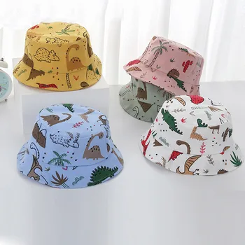 Детские кепки с рисунком динозавра из мультфильма для мальчиков и девочек, милая детская рыбацкая шляпа с животными, летняя панама для малышей, солнцезащитная кепка, капор Изображение