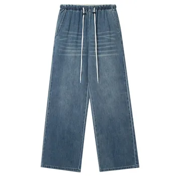 Джинсы в стиле хип-хоп Хай-стрит 2022, осенне-зимние мужские новинки, корейский стиль, свободные Повседневные Прямые джинсы с широкими штанинами, повседневные прямые джинсы Изображение
