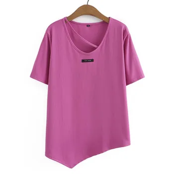 Женская базовая футболка большого размера 2023, Летние футболки асимметричной длины с V-образным вырезом, топы с коротким рукавом, одежда Оверсайз Изображение