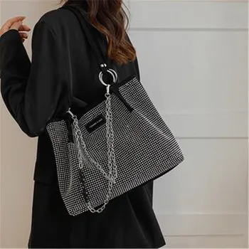 Женская мода, роскошный дизайн, сумки для покупок, Большая вместительная сумка из искусственной кожи, стразы, женские брендовые сумки с верхней ручкой Изображение