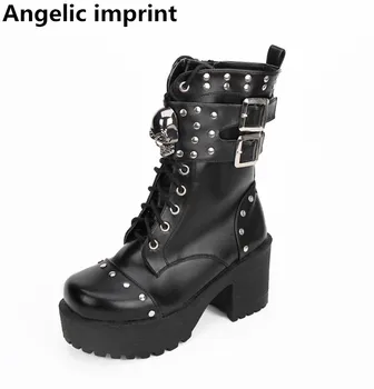 Женская обувь Angel imprint mori girl, женские мотоциклетные ботинки в стиле лолиты в стиле крутого панка, женские туфли-лодочки на высоком каблуке, обувь на платформе с 35-40 заклепками Изображение
