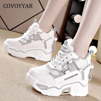 Женская обувь COVOYYAR, модные кроссовки на танкетке и платформе, повседневная обувь на толстой подошве, белая женская обувь, увеличивающая рост, WSN548 Изображение