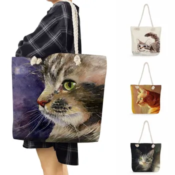 Женская сумка для покупок Портативный Милый Кот Масляная краска Женская Дизайнерская Сумка Сумки Большой емкости Индивидуальные Высококачественные Толстые Веревочные сумки Изображение