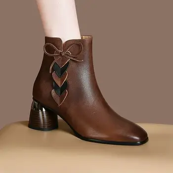 Женские ботильоны FHANCHU 2022 в стиле ретро, модная кожаная зимняя обувь, короткие ботинки на среднем каблуке, с круглым носком, на молнии сбоку.Черный, коричневый, прямая поставка Изображение