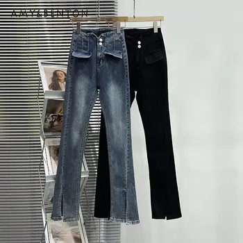 Женские джинсы-клеш с высокой талией в стиле ретро, весна-лето, облегающие джинсовые брюки с карманами, стрейчевые брюки с разрезом Изображение