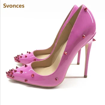 Женские туфли-лодочки на высоком каблуке для подиума, Роскошные розово-розовые Градиентные красные заклепки, заостренные шпильки, пикантные вечерние туфли на высоком каблуке, Пикантные женские вечерние туфли Изображение