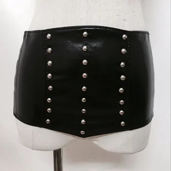 Женский брендовый ультра широкий пояс, эластичный регулируемый тонкий корсет, формирователь тела, черная искусственная кожа, ретро дизайн, панк-пояс с заклепками Изображение